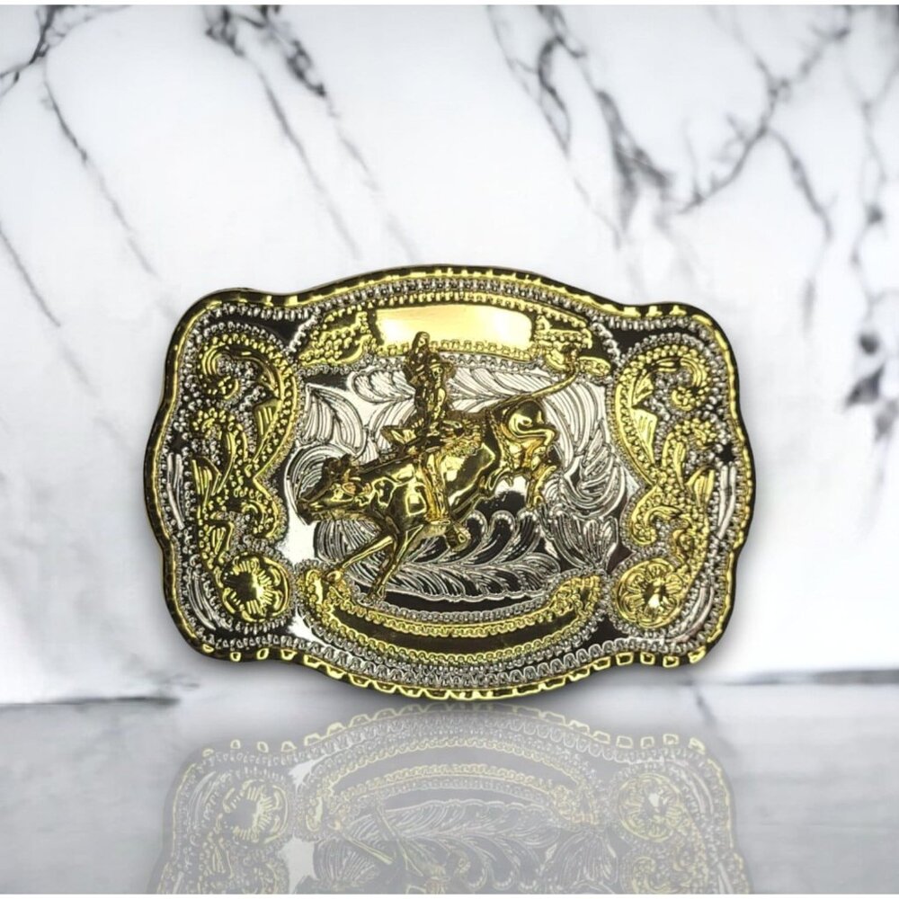 Western Cowboy Rodeo Bull Rider 2 Tone Gold and Silver Finish Belt Buckle